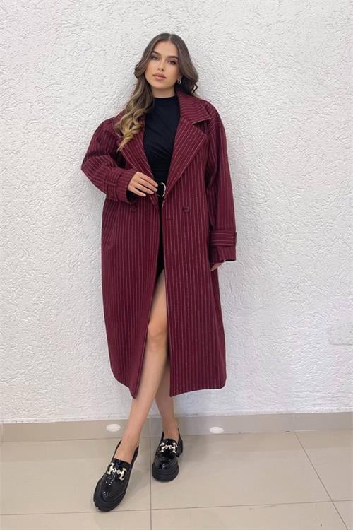 Dipmoda kadın bordo çizgili oversize kaşe kaban NBSHNZ08