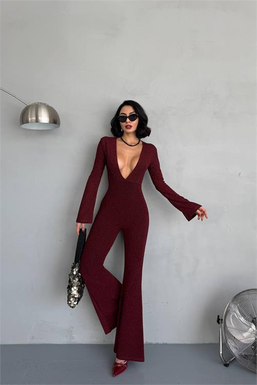 Dipmoda kadın bordo dekolteli novel sim maxi tulum DPNBDF118