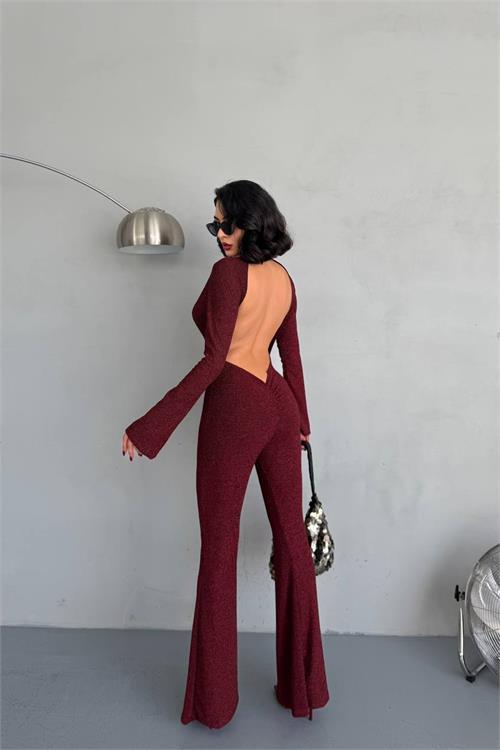 Dipmoda kadın bordo dekolteli novel sim maxi tulum DPNBDF118