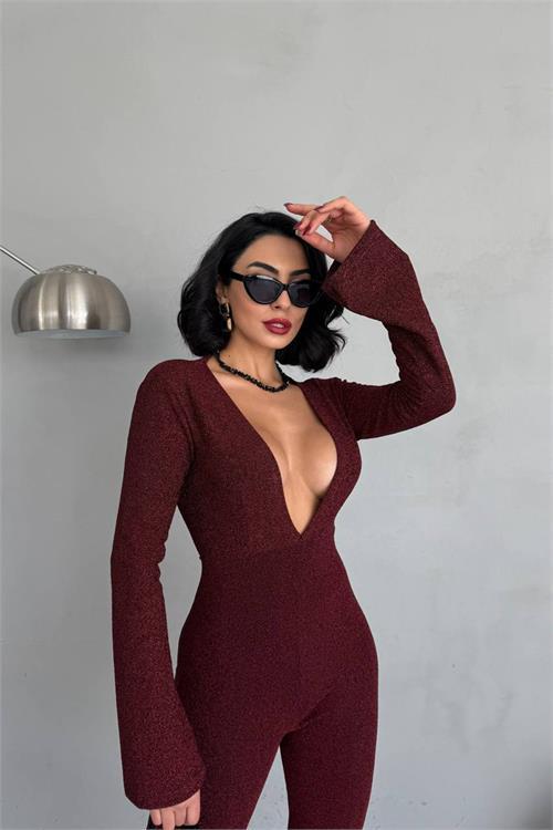 Dipmoda kadın bordo dekolteli novel sim maxi tulum DPNBDF118