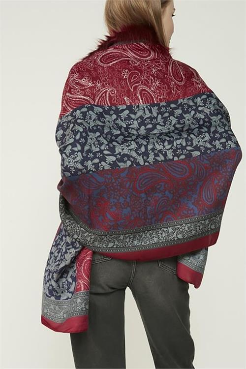 Dipmoda kadın bordo desenli kürklü panço DPAKS037