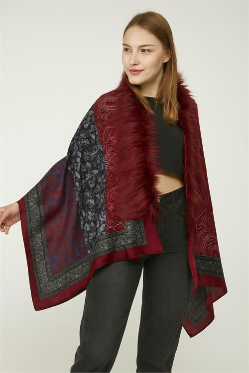 Dipmoda kadın bordo desenli kürklü panço DPAKS037