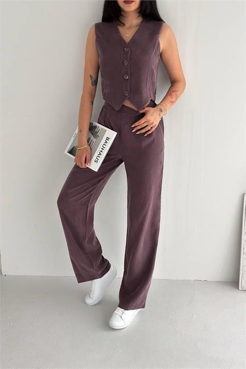Dipmoda kadın bordo düğme detaylı tensel kumaş yelek geniş paça pantolon takım DPRW6039