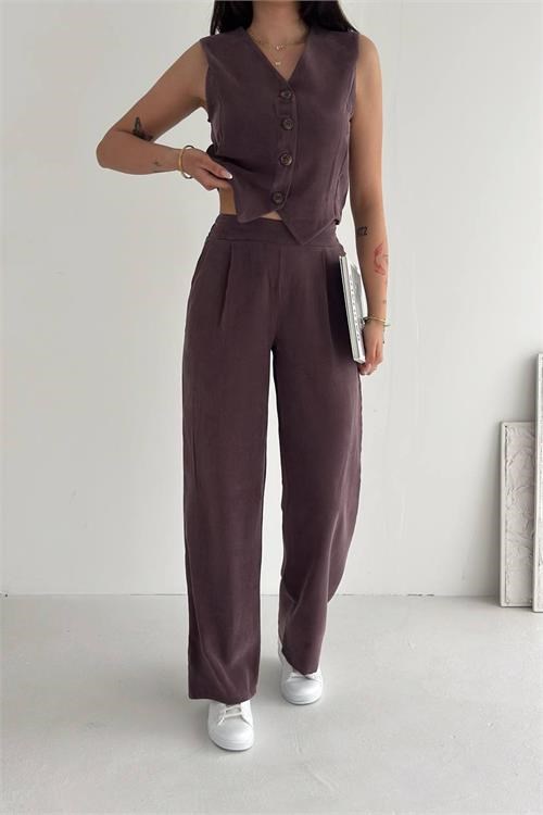 Dipmoda kadın bordo düğme detaylı tensel kumaş yelek geniş paça pantolon takım DPRW6039