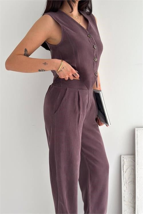 Dipmoda kadın bordo düğme detaylı tensel kumaş yelek geniş paça pantolon takım DPRW6039