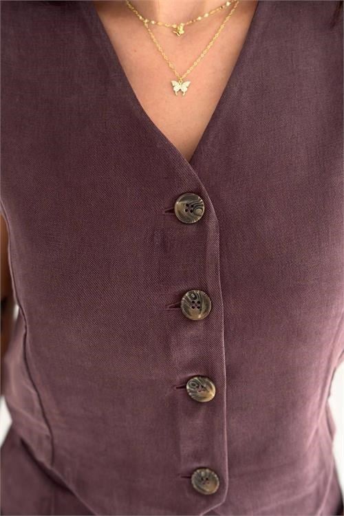 Dipmoda kadın bordo düğme detaylı tensel kumaş yelek geniş paça pantolon takım DPRW6039