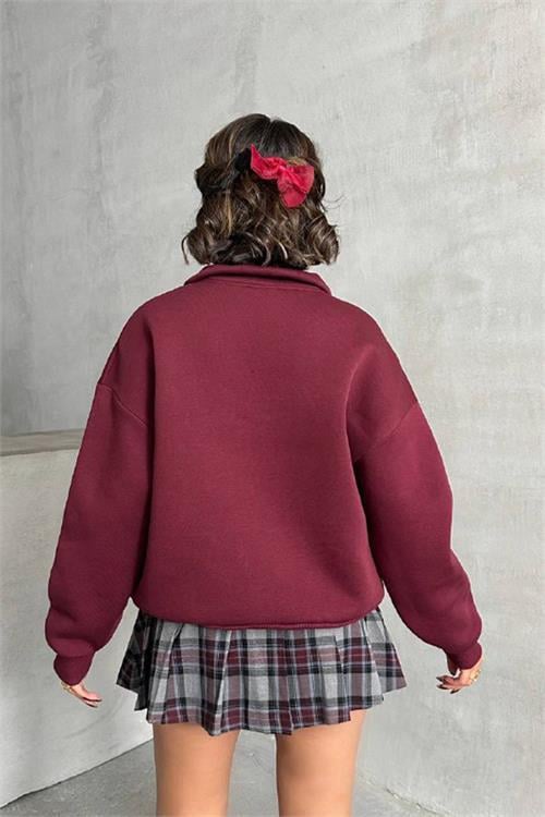 Dipmoda kadın bordo fermuar detaylı sweatshirt DPNBG060