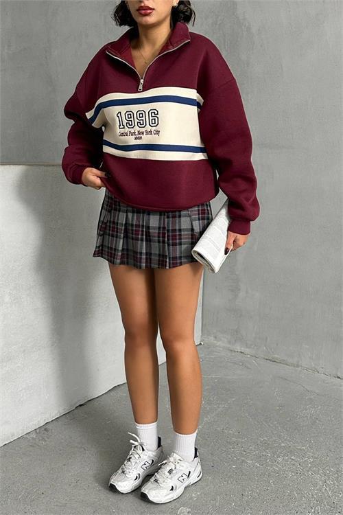 Dipmoda kadın bordo fermuar detaylı sweatshirt DPNBG060
