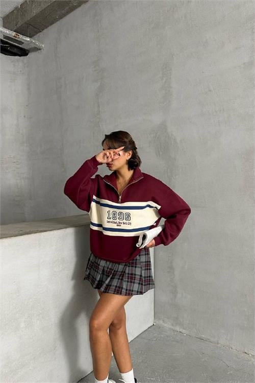 Dipmoda kadın bordo fermuar detaylı sweatshirt DPNBG060