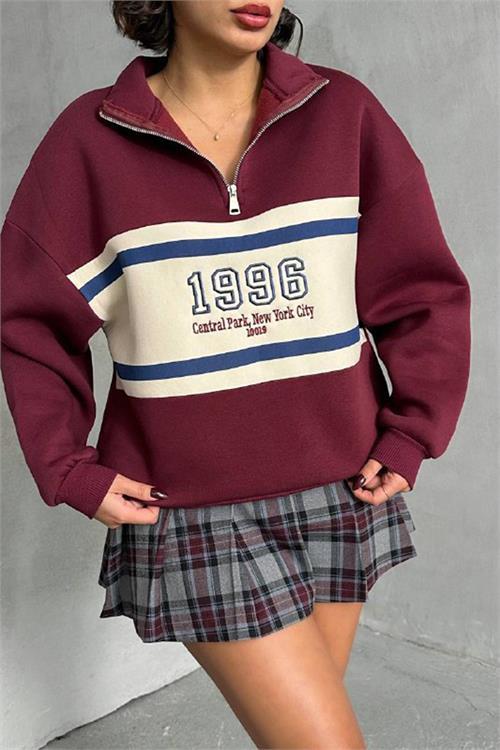 Dipmoda kadın bordo fermuar detaylı sweatshirt DPNBG060
