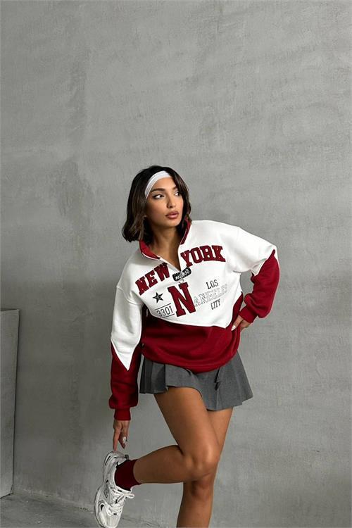 Dipmoda kadın bordo fermuarlı New york sweat NBG050