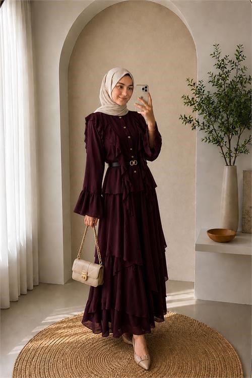 Dipmoda kadın bordo fırfır detaylı üst kat kat volanlı etek ikili tesettür takım ---DPVQ3159