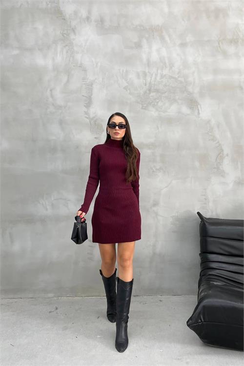Dipmoda kadın bordo fitilli mini triko elbise NBDM1208 