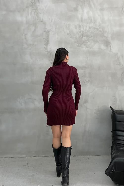 Dipmoda kadın bordo fitilli mini triko elbise NBDM1208 