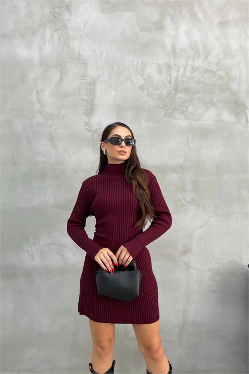 Dipmoda kadın bordo fitilli mini triko elbise NBDM1208 