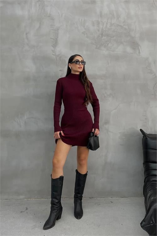 Dipmoda kadın bordo fitilli mini triko elbise NBDM1208 