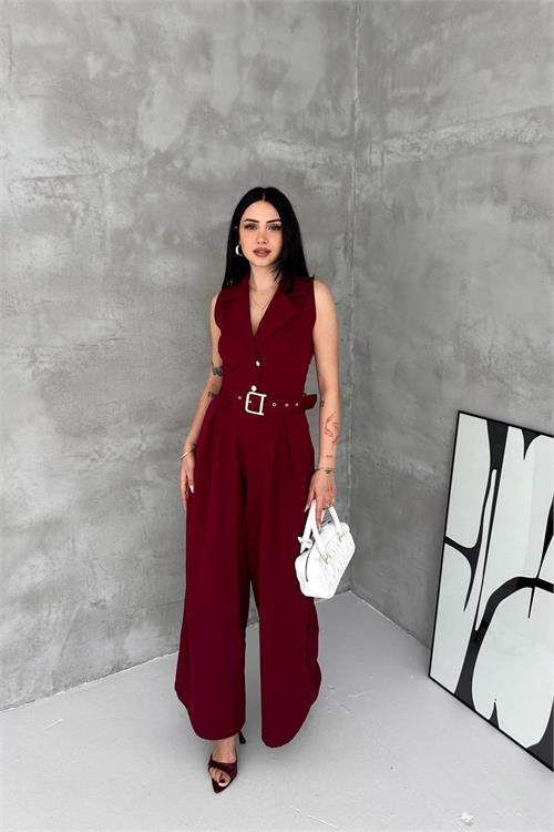Dipmoda kadın bordo gömlek yaka düğme detaylı maxi tulum DPK061