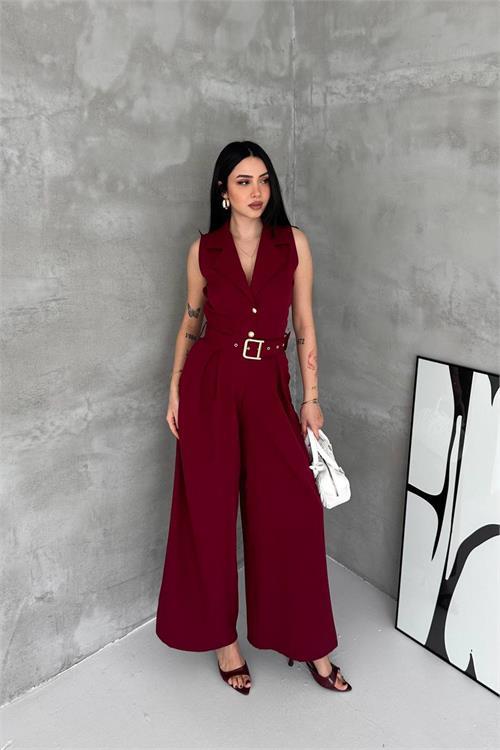 Dipmoda kadın bordo gömlek yaka düğme detaylı maxi tulum DPK061