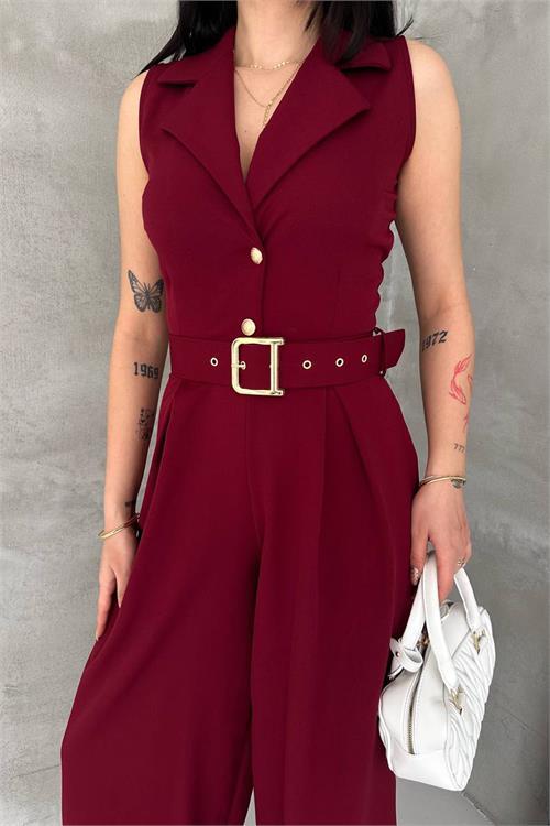 Dipmoda kadın bordo gömlek yaka düğme detaylı maxi tulum DPK061