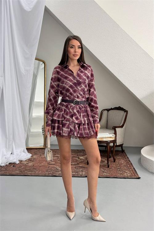 Dipmoda kadın bordo gömlek yaka kat kat ekose desen mini elbise DPNP025