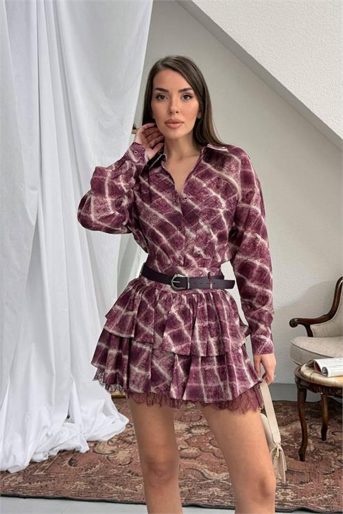 Dipmoda kadın bordo gömlek yaka kat kat ekose desen mini elbise DPNP025