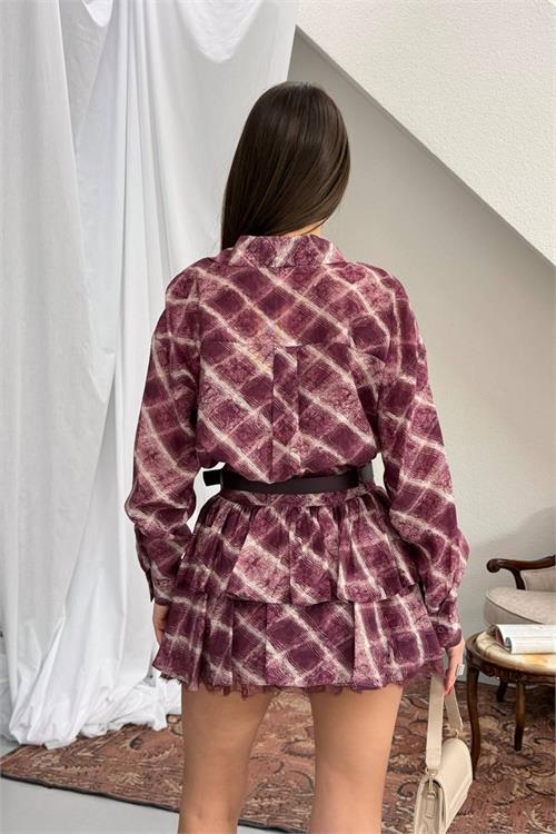 Dipmoda kadın bordo gömlek yaka kat kat ekose desen mini elbise DPNP025