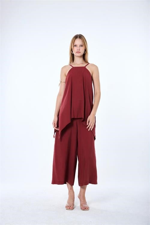 Dipmoda kadın bordo ince askılı asimetrik kesim bluz pantolon ikili takım DPMY4070