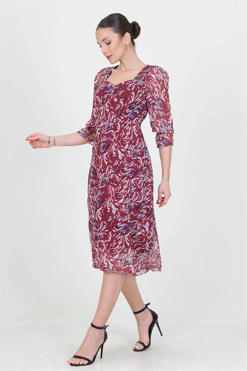 Dipmoda kadın bordo kalp yaka yeni sezon desenli şifon elbise RY0030 