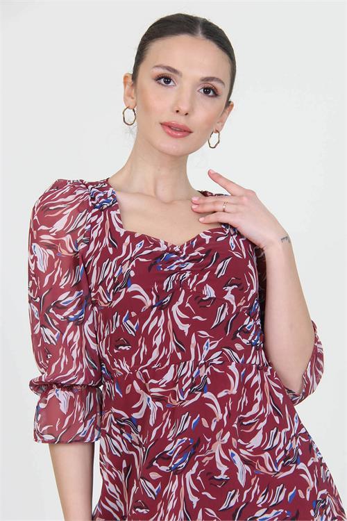 Dipmoda kadın bordo kalp yaka yeni sezon desenli şifon elbise RY0030 