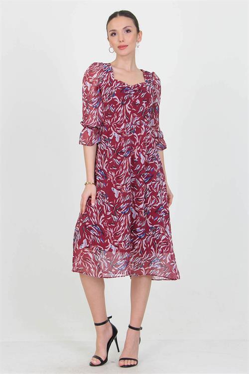 Dipmoda kadın bordo kalp yaka yeni sezon desenli şifon elbise RY0030 