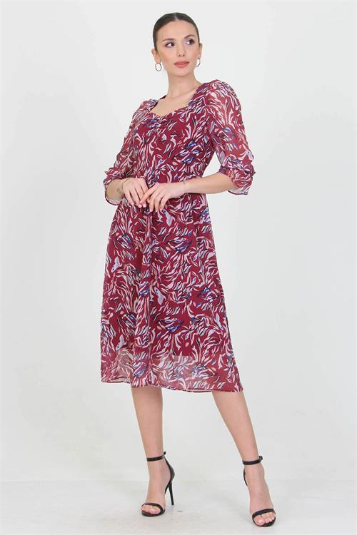 Dipmoda kadın bordo kalp yaka yeni sezon desenli şifon elbise RY0030 