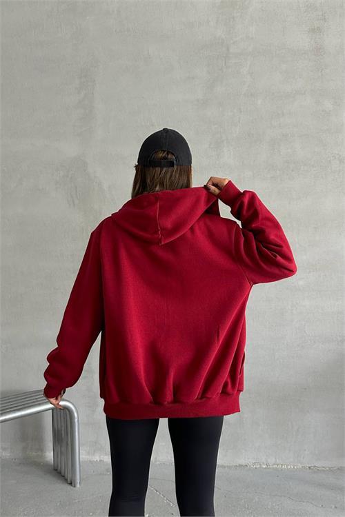 Dipmoda kadın bordo kapuşonlu içi pamuklu sweat NBG030 