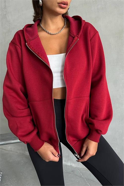 Dipmoda kadın bordo kapuşonlu içi pamuklu sweat NBG030 