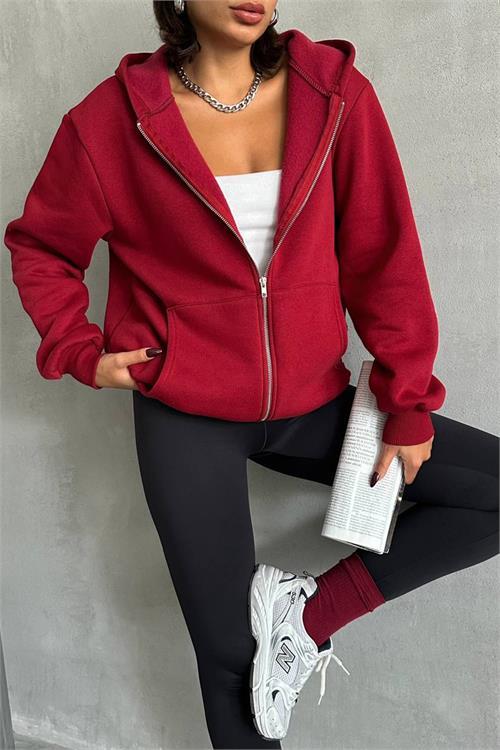 Dipmoda kadın bordo kapuşonlu içi pamuklu sweat NBG030 