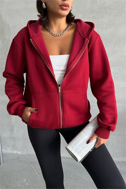 Dipmoda kadın bordo kapuşonlu içi pamuklu sweat NBG030 
