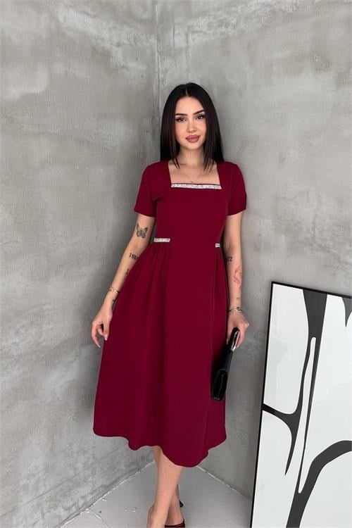 Dipmoda kadın bordo kare yaka taş detaylı etek drapeli midi boy elbise ---- DPK4621
