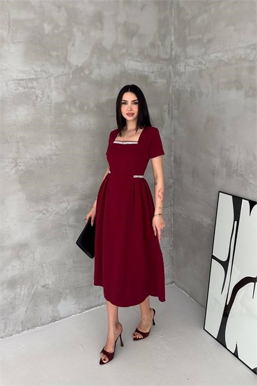 Dipmoda kadın bordo kare yaka taş detaylı etek drapeli midi boy elbise ---- DPK4621