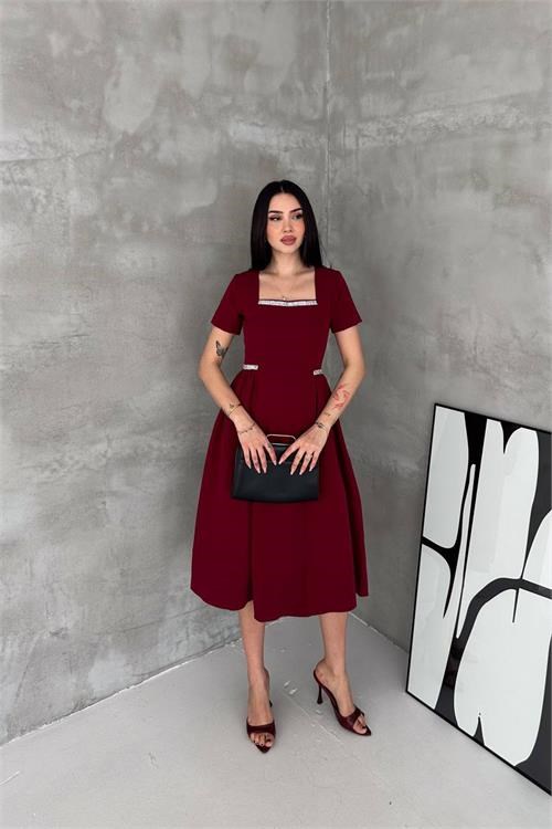 Dipmoda kadın bordo kare yaka taş detaylı etek drapeli midi boy elbise ---- DPK4621