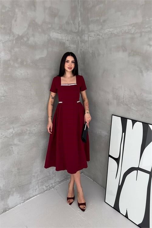 Dipmoda kadın bordo kare yaka taş detaylı etek drapeli midi boy elbise ---- DPK4621