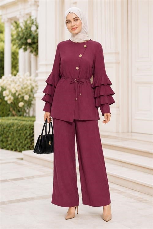 Dipmoda kadın bordo kol fırıfırlı düğme detaylı ikili tesettür takım DPTKM02