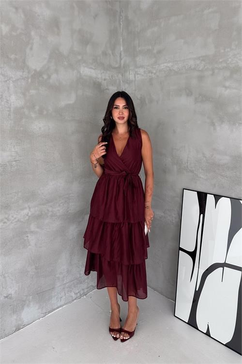 Dipmoda kadın bordo kruvaze yaka kat kat kuşaklı midi boy elbise DPK4674