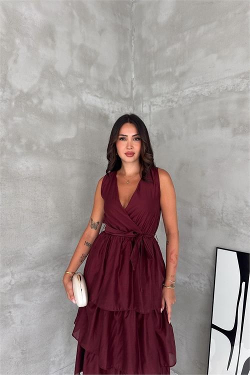 Dipmoda kadın bordo kruvaze yaka kat kat kuşaklı midi boy elbise DPK4674