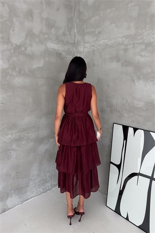 Dipmoda kadın bordo kruvaze yaka kat kat kuşaklı midi boy elbise DPK4674