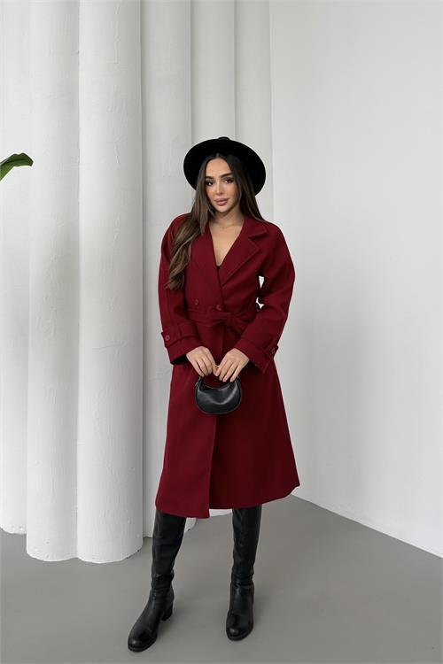 Dipmoda kadın bordo kuşaklı reglan kol düğmeli premium kaşe kaban DPKBN01