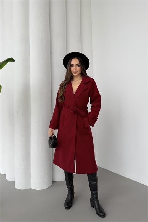 Dipmoda kadın bordo kuşaklı reglan kol düğmeli premium kaşe kaban DPKBN01