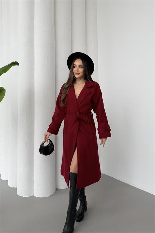 Dipmoda kadın bordo kuşaklı reglan kol düğmeli premium kaşe kaban DPKBN01