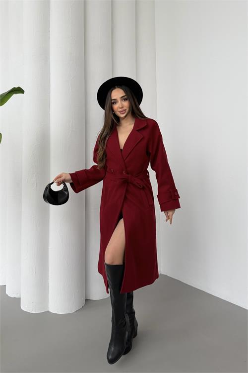 Dipmoda kadın bordo kuşaklı reglan kol düğmeli premium kaşe kaban DPKBN01