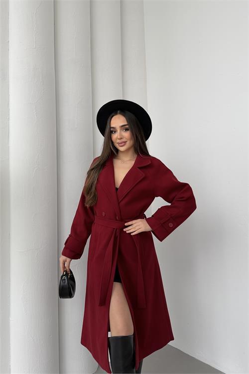 Dipmoda kadın bordo kuşaklı reglan kol düğmeli premium kaşe kaban DPKBN01