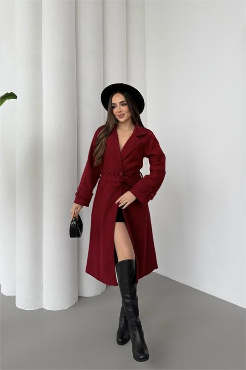 Dipmoda kadın bordo kuşaklı reglan kol düğmeli premium kaşe kaban DPKBN01