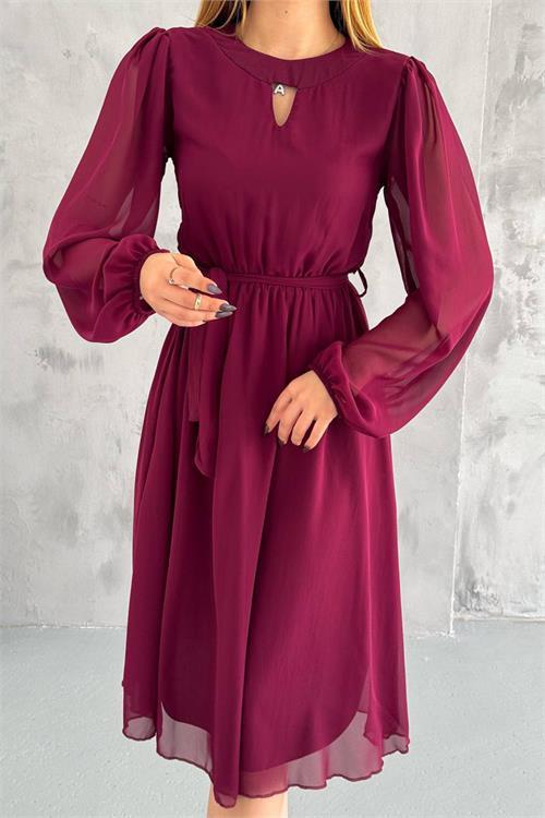 Dipmoda kadın bordo midi boy astarlı şifon elbise NBKKLF2027 